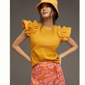 Anthropologie Golden Flutter Sleeve Ribbed Top